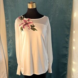 Boston Proper White Top with Pink Floral Accent